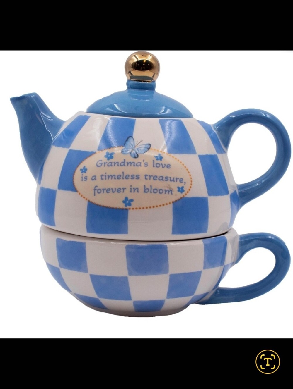 Blue Checkered Stacking Teapot and Cup Set - Grandma's Love... NEW!